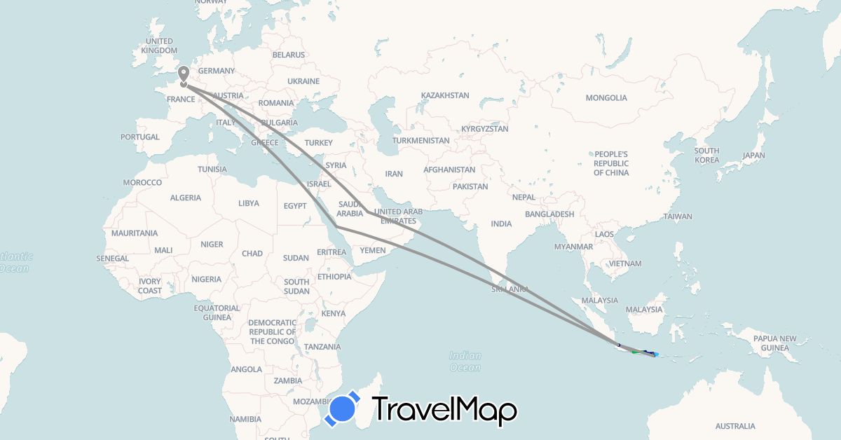 TravelMap itinerary: driving, bus, plane, boat, motorbike in France, Indonesia, Saudi Arabia (Asia, Europe)